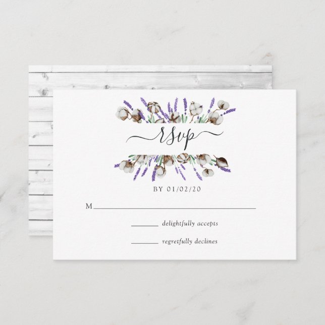 Watercolor Cotton Lavender Country Wedding RSVP Ca (Frente/Verso)