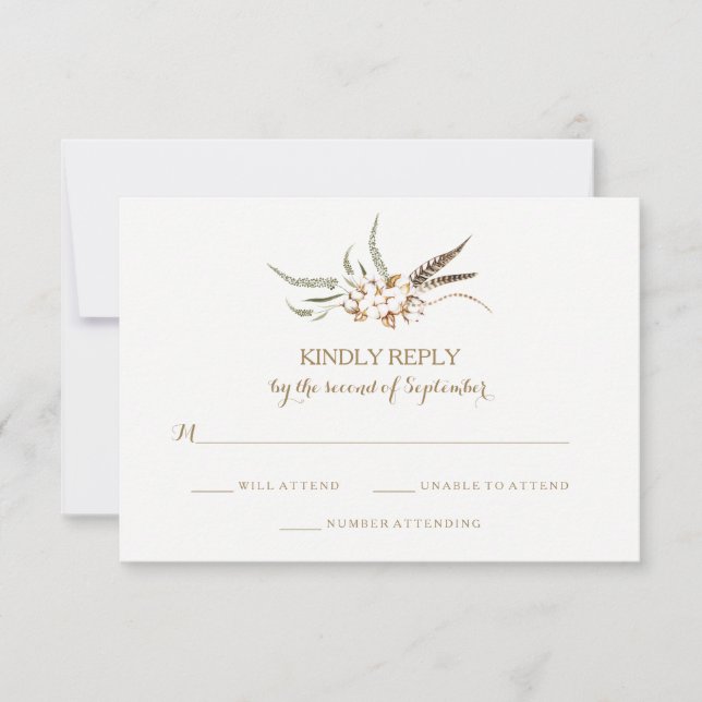 Watercolor Cotton Wreath Feather RSVP Card (Frente)