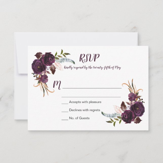 Watercolor EggPlant Rosas Rurais Boho RSVP (Frente)