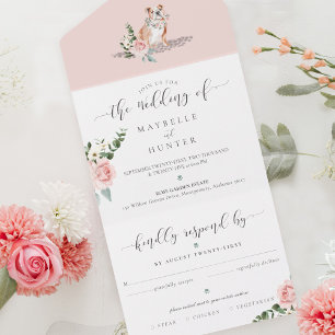 Watercolor English Buldog Dog & Floral Pink Rose
