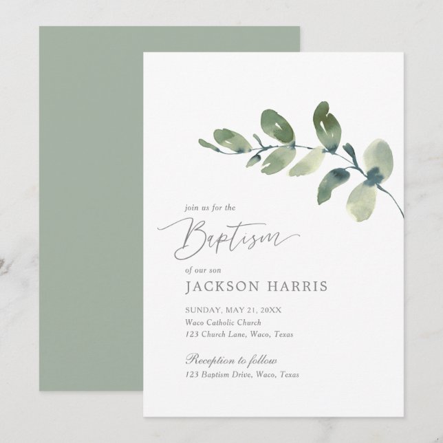 Watercolor Eucalyptus Greenery Baptism Convite (Frente/Verso)