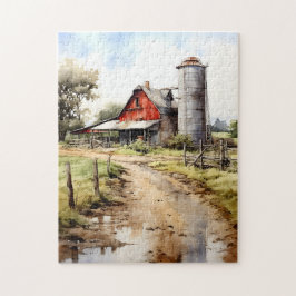 Watercolor Farmhouse com Silo Quebra-cabeça