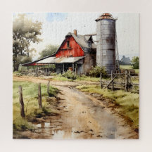 Watercolor Farmhouse com Silo Quebra-cabeça