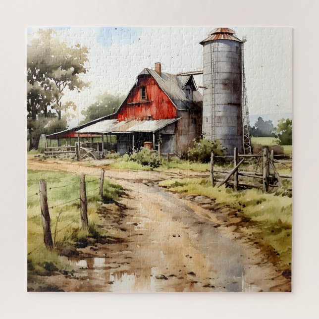 Watercolor Farmhouse com Silo Quebra-cabeça (Vertical)