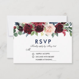 Watercolor Floral Blue Burgundy Casamento RSVP B