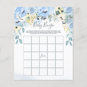 Watercolor Floral Blue Chá de fraldas Bingo Game