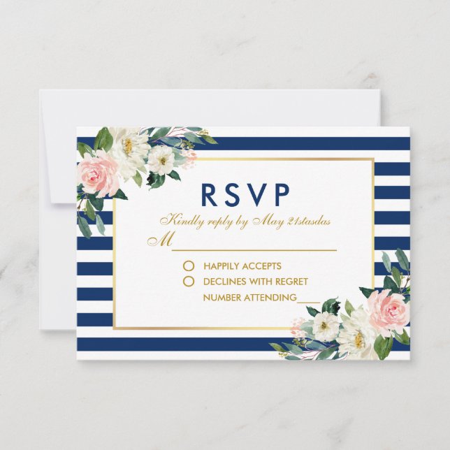 Watercolor Floral Blue Stripes Casamento RSVP (Frente)