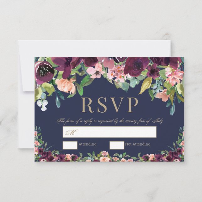 Watercolor Floral Boho Marinho Weding RSVP (Frente)