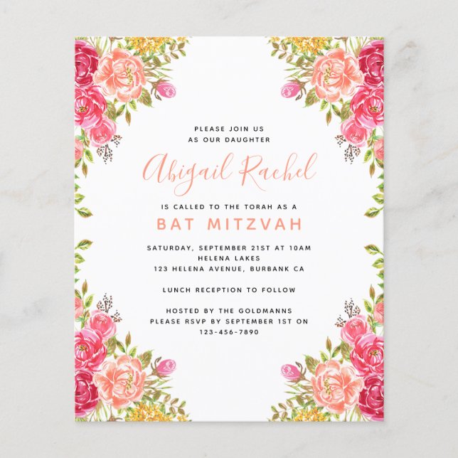 Watercolor Floral Budget Bat Mitzvah Convite (Frente)
