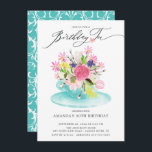 Watercolor Floral Buquê Birthday Tea Convite<br><div class="desc">Belo buquê floral rosa,  roxo e branco em uma xícara de chá azul,  em um fundo de cinza para uma festa de aniversário.  Sacudir nosso convite para ver um amortecedor branco coordenador de volta para um toque especial extra.</div>