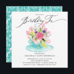 Watercolor Floral Buquê Birthday Tea Convite<br><div class="desc">Belo buquê floral rosa,  roxo e branco em uma xícara de chá azul,  em um fundo de cinza para uma festa de aniversário.  Sacudir nosso convite para ver um amortecedor branco coordenador de volta para um toque especial extra.</div>