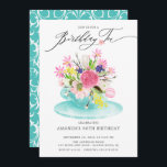 Watercolor Floral Buquê Birthday Tea Convite<br><div class="desc">Belo buquê floral rosa,  roxo e branco em uma xícara de chá azul,  em um fundo de cinza para uma festa de aniversário.  Sacudir nosso convite para ver um amortecedor branco coordenador de volta para um toque especial extra.</div>