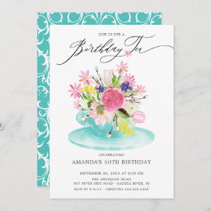 Watercolor Floral Buquê Birthday Tea Convite