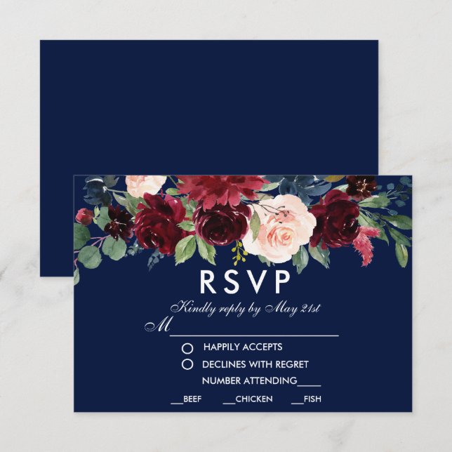 Watercolor Floral Burgundy Blue Casamento RSVP (Frente/Verso)