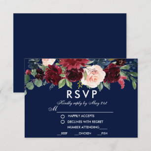 Watercolor Floral Burgundy Blue Casamento RSVP