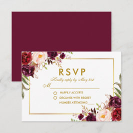 Watercolor Floral Burgundy Casamento Dourado RSVP 