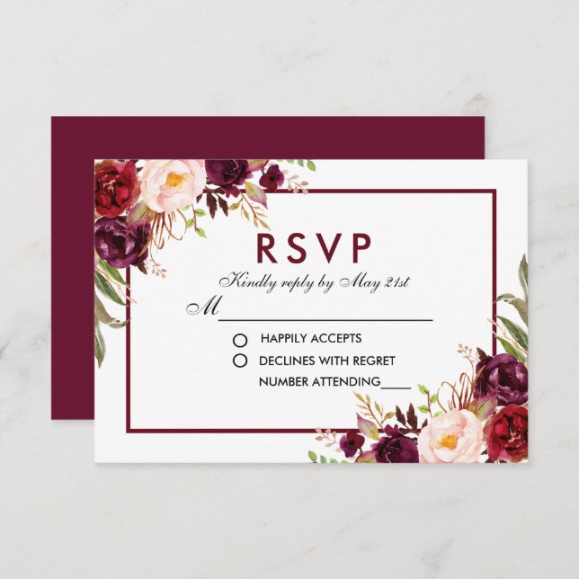 Watercolor Floral Burgundy Casamento RSVP B (Frente/Verso)