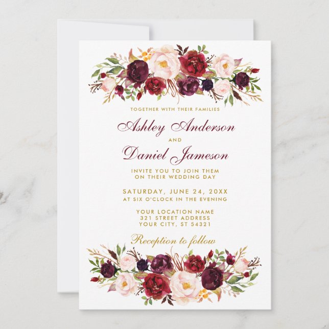 Watercolor Floral Burgundy Convite para Casamento  (Frente)