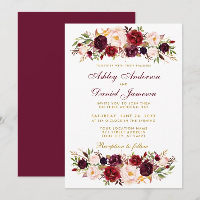 Watercolor Floral Burgundy Convite Para Casamento  (Frente/Verso)