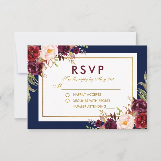 Watercolor Floral Burgundy Dourado Blue Wedad RSVP (Frente)