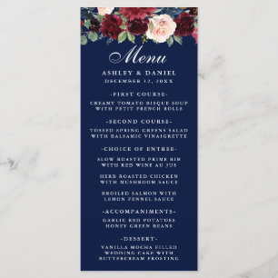 Watercolor Floral Burgundy Menu Blue