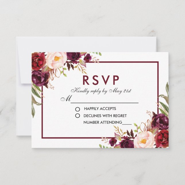 Watercolor Floral Burgundy Wedding RSVP (Frente)