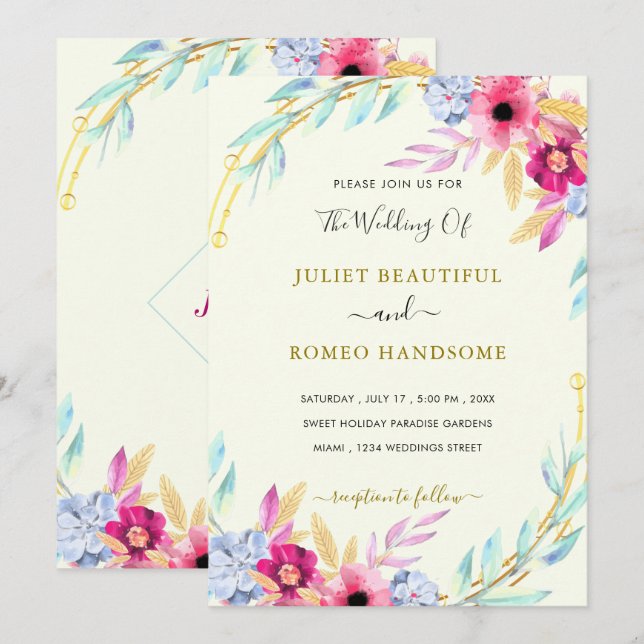Watercolor Floral Dourado Invitation Modelo (Frente/Verso)