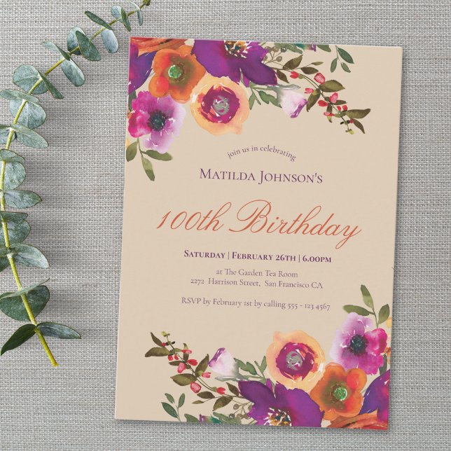 Watercolor Floral Fall 100º Convite de Aniversário (Watercolor Floral Fall 100th Birthday Invitation)