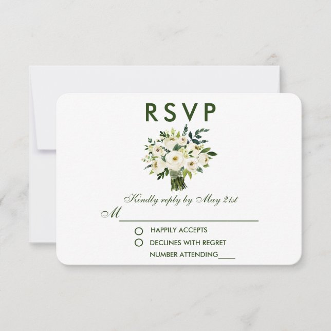 Watercolor Floral Green White Buquê Weding RSVP (Frente)