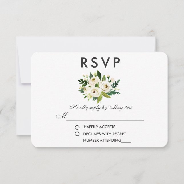 Watercolor Floral Green White Wedding RSVP (Frente)