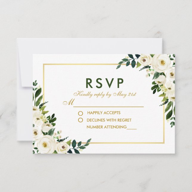 Watercolor Floral Green White Weding RSVP G (Frente)