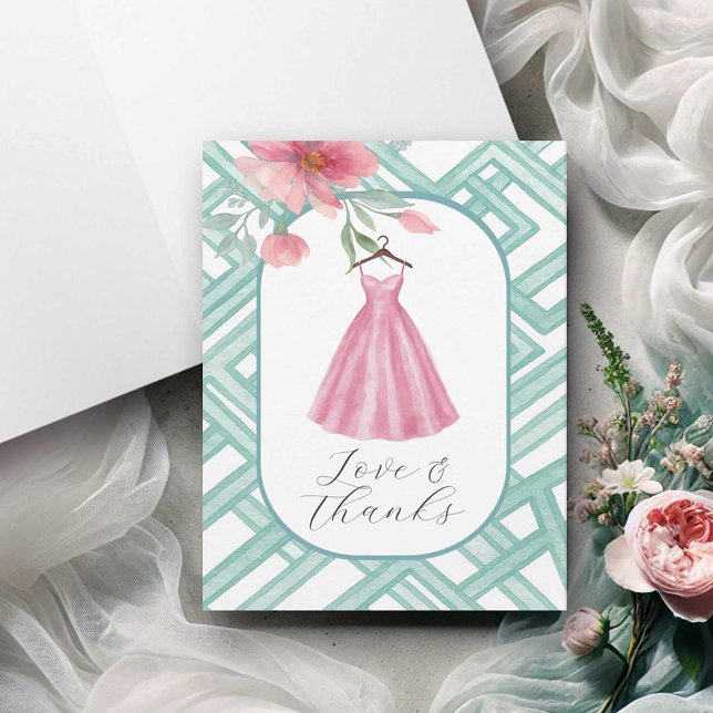 Watercolor Floral Obrigado Vazio De Cartões (Bridal shower card pink floral dress watercolor by Victoria Grigaliunas of Do Tell A Belle)