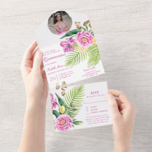 Watercolor Floral Pink Peonies Foto Quinceañera