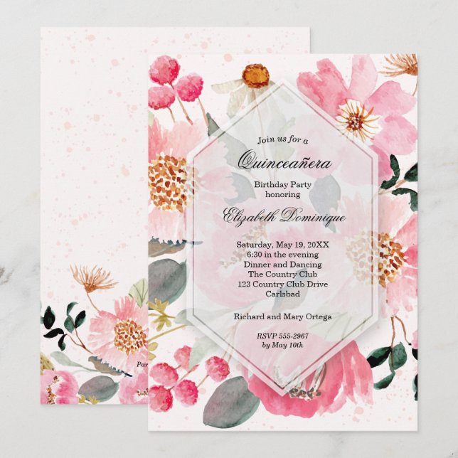 Watercolor Floral Quinceañera - Convites de Aniver (Frente/Verso)