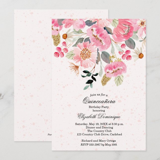 Watercolor Floral Quinceañera - Convites de Aniver (Frente/Verso)