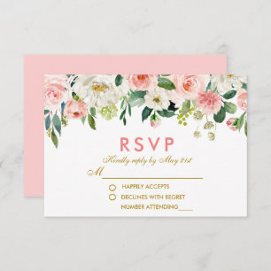 Watercolor Floral Rosa Branco Dourado RSVP Casamen