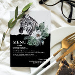 Watercolor Floral Selvagem Zebra Safari Menus de C<br><div class="desc">Aquarela Floral Wild Zebra Safari Menus de Casamento apresenta uma elegante zebra silvestre com aquarela com flores em fundo preto e branco com suas informações de menu abaixo. Personalize editando o texto nas caixas de texto. Projetado para você pelo Evco Studio www.zazzle.com/store/evcostudio</div>