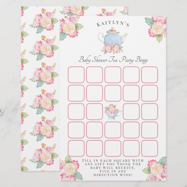 Watercolor Floral Tea Party | Bingo Chá de fraldas (Frente/Verso)