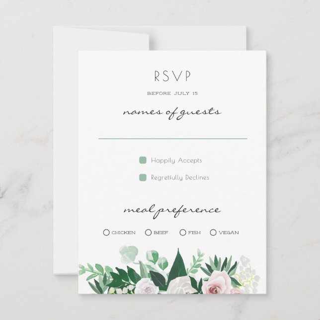 Watercolor Floral White Green Wedding RSVP (Frente)