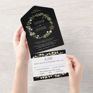 Watercolor Flores Florais Casamento Preto