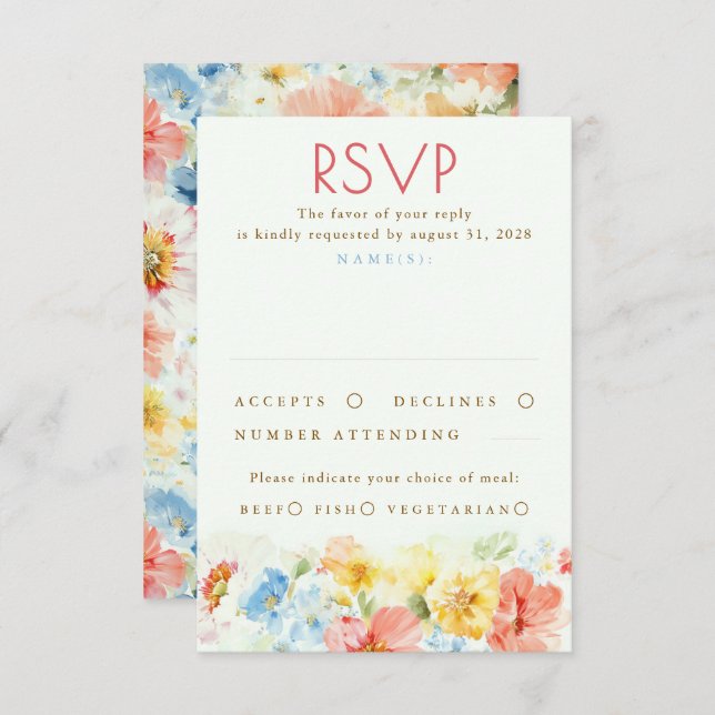 Watercolor Flowers Elegant Wedding RSVP (Frente/Verso)