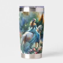 Watercolor Forest River Horsewoman Dreamscape