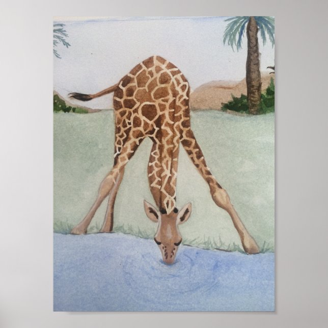 Watercolor Giraffe Bebendo Water Art Poster (Frente)