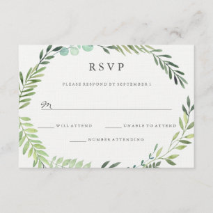 Watercolor Green Leaf Wreath Weding RSVP
