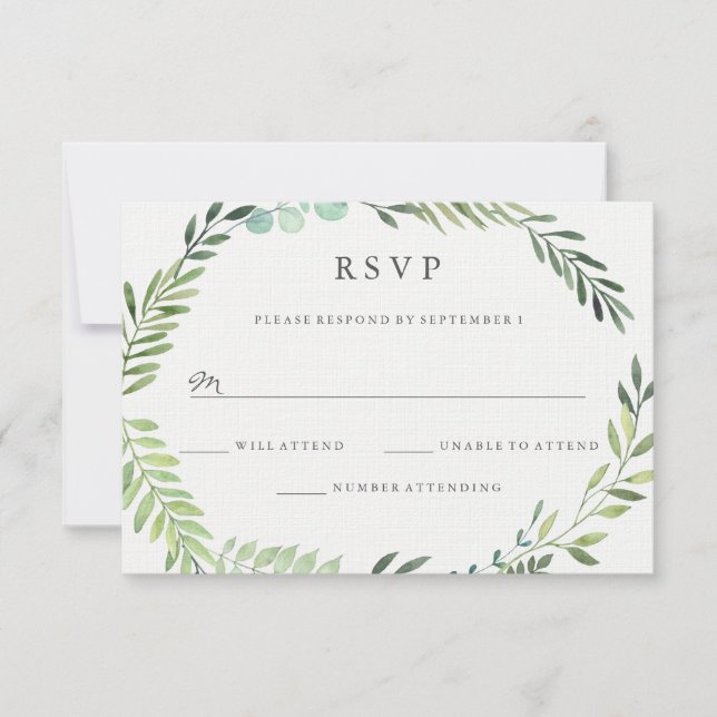 Watercolor Green Leaf Wreath Weding RSVP (Frente)