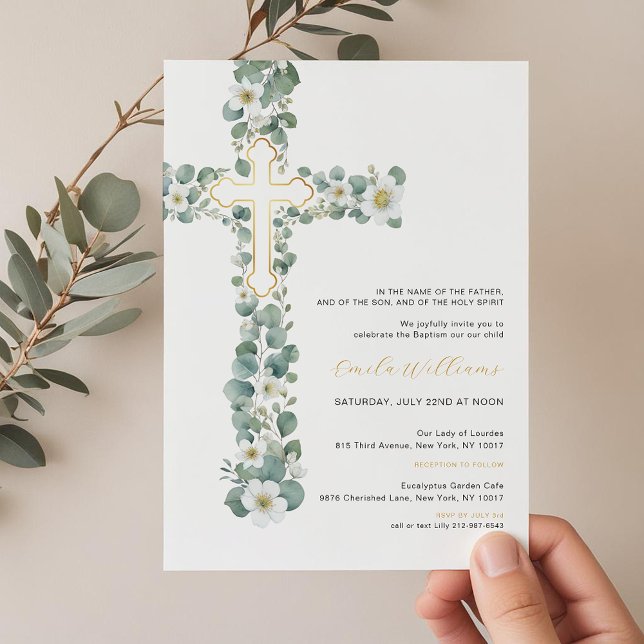 Watercolor Greenery Floral Baptism Convite (Foliage Gold Cross Baptism Invitation)