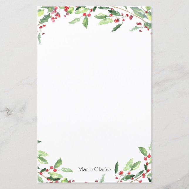 Watercolor Greenery Holly Personalizado Papel de c (Frente)