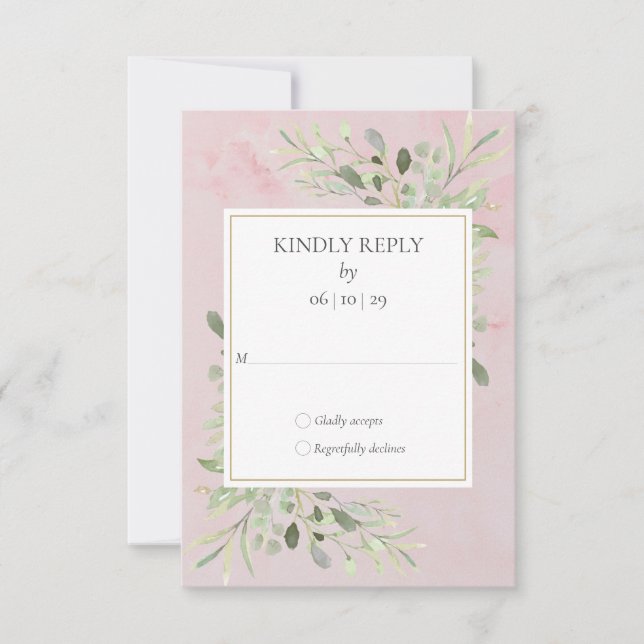 Watercolor Greenery Pink Marble Weding RSVP (Frente)