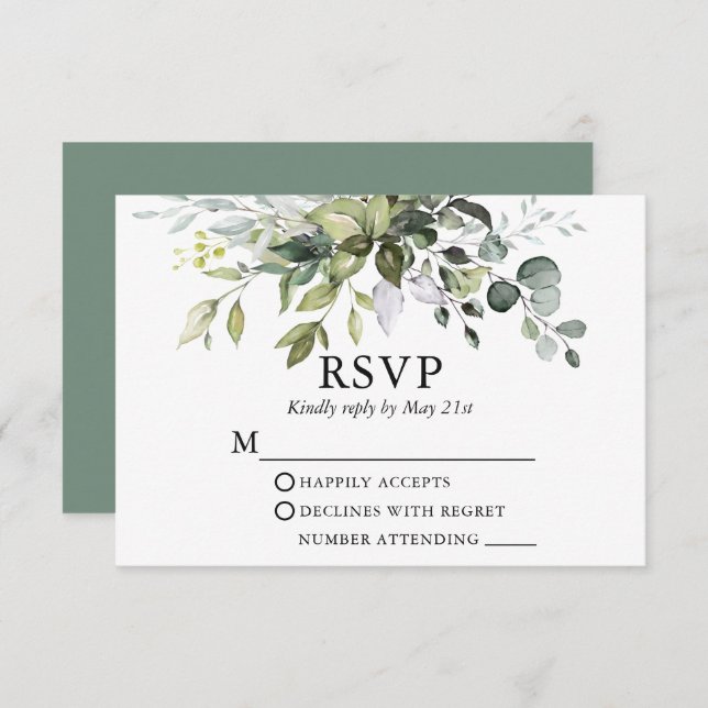 Watercolor Greenery Wedding Sage Green RSVP Card (Frente/Verso)
