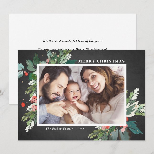 Watercolor Hollies Chalkboard Photo de Natal (Frente/Verso)
